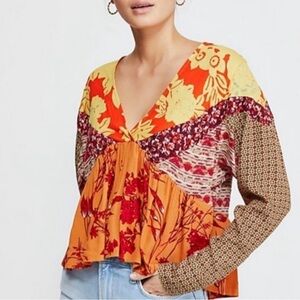Free People Boho Hippie Aloha State of Mind Patchwork Blouse Size S
